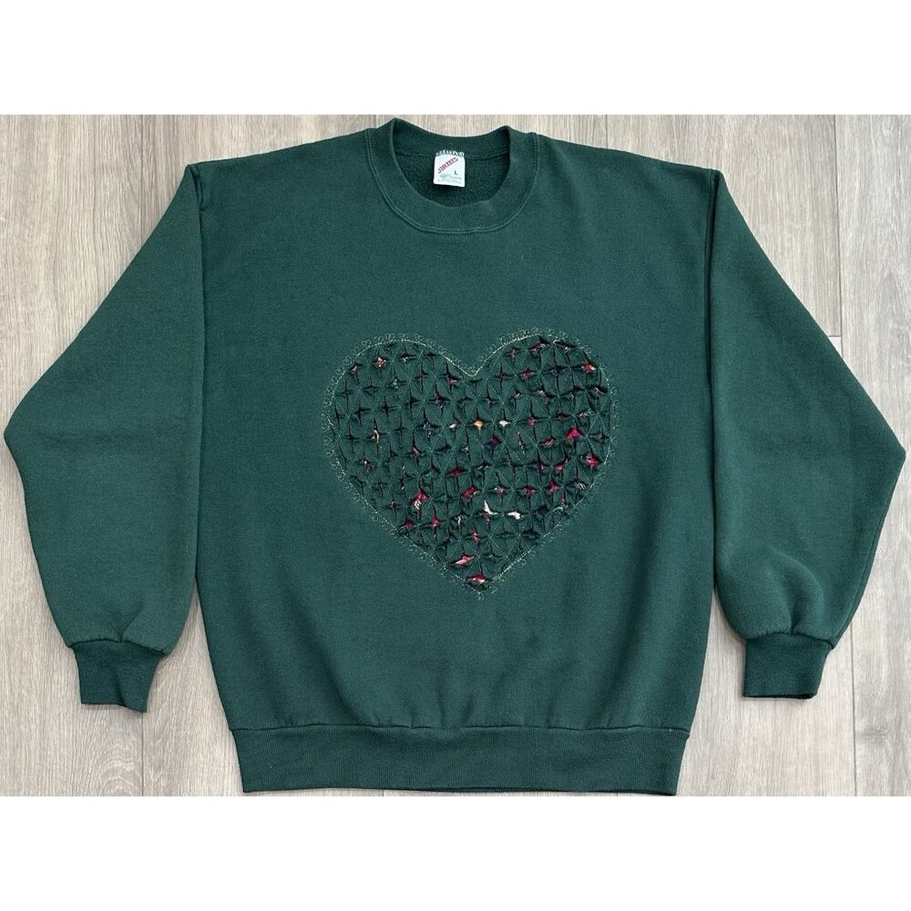 Vintage 90s Xmas JERZEES Sweatshirt Floral Heart Shape Design Crewneck Size L